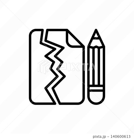 Torn sheet with pencil. Insurance claim, policy cancellation, broken contract thin line icon. Vector illustration. Torn sheet with pencil. Insurance claim, policy cancellation, broken contract thin line icon. Vector illustration. 140600613