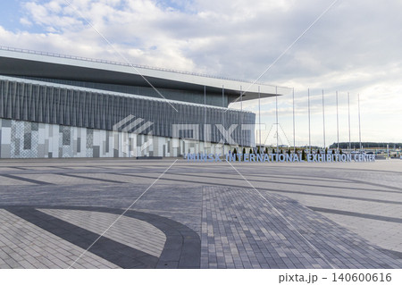 MINSK, BELARUS - JUNE 13, 2026: The main entrance and modern architectural facade of the BelExpo exhibition center 140600616