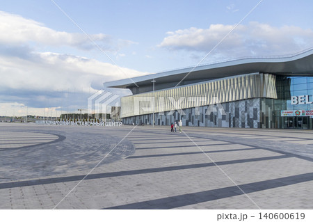 MINSK, BELARUS - JUNE 13, 2026: The main entrance and modern architectural facade of the BelExpo exhibition center MINSK, BELARUS - JUNE 13, 2026: The main entrance and modern architectural facade of the BelExpo exhibition center 140600619