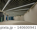 Modern building interior with abstract linear ceiling lighting and empty hall 140600941