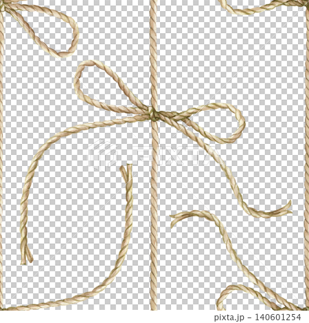 Seamless pattern with rope and a bow tied from it on a isolated background . Watercolor rustic twine ornament for holiday gift wrapping paper, parcel packaging design, maritime textiles, scrapbooking Seamless pattern with rope and a bow tied from it on a isolated background . Watercolor rustic twine ornament for holiday gift wrapping paper, parcel packaging design, maritime textiles, scrapbooking 140601254