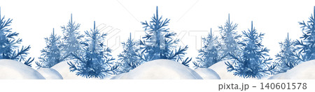 Horizontal seamless border with a frosty winter forest with blue fir trees and pine crests covered in snowdrifts. Hand-drawn watercolor landscape illustration on isolated backdrop, perfect for 140601578
