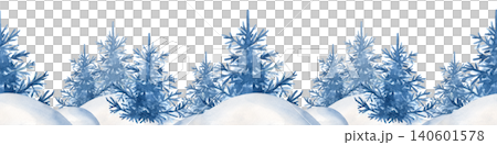 Horizontal seamless border with a frosty winter forest with blue fir trees and pine crests covered in snowdrifts. Hand-drawn watercolor landscape illustration on isolated backdrop, perfect for 140601578
