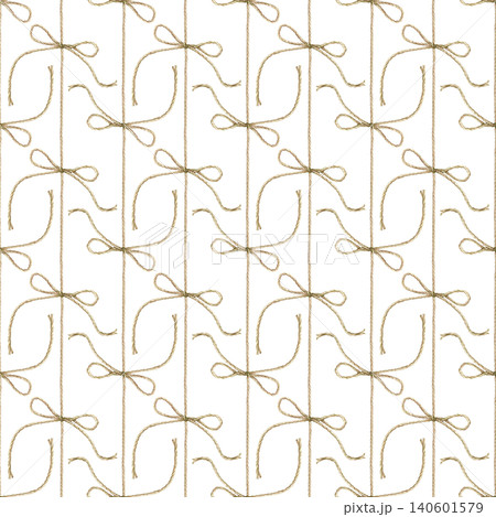 Seamless pattern with rope and a bow tied from it on a isolated background . Watercolor rustic twine ornament for holiday gift wrapping paper, parcel packaging design, maritime textiles, scrapbooking Seamless pattern with rope and a bow tied from it on a isolated background . Watercolor rustic twine ornament for holiday gift wrapping paper, parcel packaging design, maritime textiles, scrapbooking 140601579