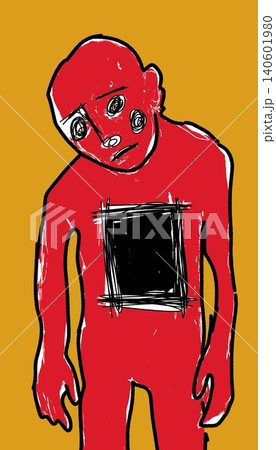 Red Figure with Square Hole in Chest Symbolizing Emptiness Grief and Emotional Loss Red Figure with Square Hole in Chest Symbolizing Emptiness Grief and Emotional Loss 140601980
