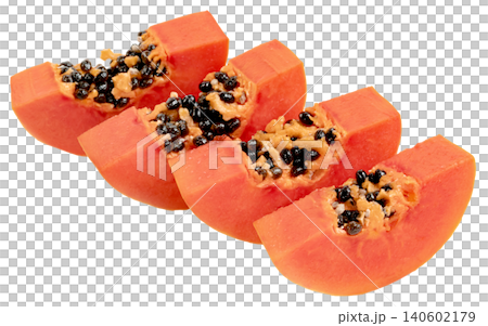Four ripe papaya slices with black seeds isolated. Juicy tropical fruit wedges showcasing vibrant orange flesh and texture. High quality macro shot for healthy food themes. Four ripe papaya slices with black seeds isolated. Juicy tropical fruit wedges showcasing vibrant orange flesh and texture. High quality macro shot for healthy food themes. 140602179