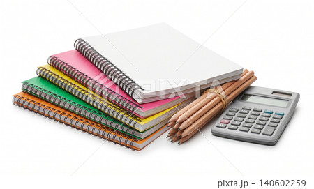 Stack of colorful spiral notebooks with pencils and calculator notebooks calculator stationery education supplies learning colorful academic mathematics accounting planning organization Stack of colorful spiral notebooks with pencils and calculator notebooks calculator stationery education supplies learning colorful academic mathematics accounting planning organization 140602259