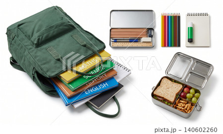 Green school backpack with books and lunchbox supplies backpack lunchbox supplies stationery education notebook textbooks learning container sandwich academic equipment prepared 140602260