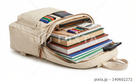 Canvas backpack filled with school books and supplies backpack notebooks supplies stationery education academic learning classroom accessories organized knowledge textbooks material Canvas backpack filled with school books and supplies backpack notebooks supplies stationery education academic learning classroom accessories organized knowledge textbooks material 140602272