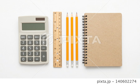 Flat lay stationery arrangement with calculator wooden ruler pencils and spiral notebook calculator notebook stationery supplies education academic business mathematics accounting planning Flat lay stationery arrangement with calculator wooden ruler pencils and spiral notebook calculator notebook stationery supplies education academic business mathematics accounting planning 140602274