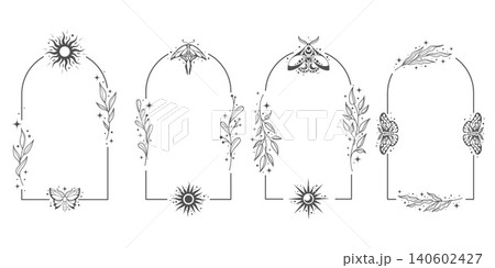 Celestial frames with butterflies. Outline vector esoteric lunar illustrations set with moon and sun symbols. Mystic vintage arches with leaves and stars for bohemian tattoo and horoscope design 140602427