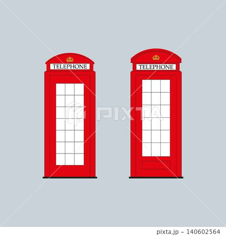 British red telephone booths isolated. Two red British telephone booths, models K2 and K6, are illustrated side by side on a plain light grey background. British red telephone booths isolated. Two red British telephone booths, models K2 and K6, are illustrated side by side on a plain light grey background. 140602564