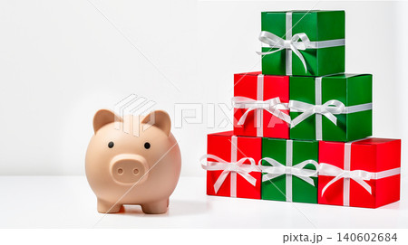 Small piggy bank beside stacked green and red gift boxes with white ribbons on white surface Small piggy bank beside stacked green and red gift boxes with white ribbons on white surface 140602684