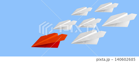 Single red paper airplane flying ahead of arranged white paper airplanes over blue surface 140602685