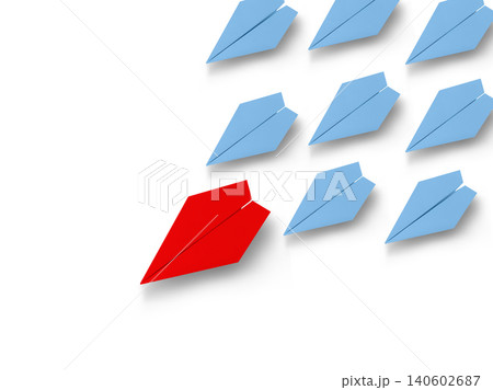 Single red paper airplane flying ahead of arranged blue paper airplanes over white surface Single red paper airplane flying ahead of arranged blue paper airplanes over white surface 140602687