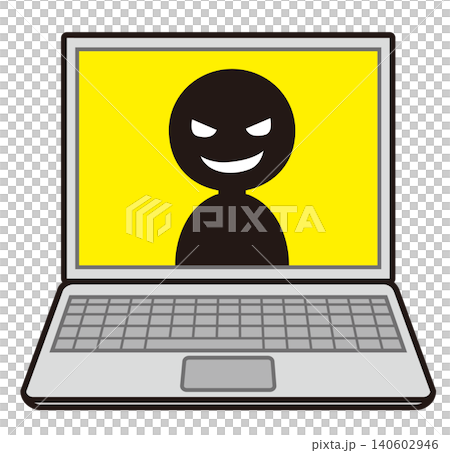 一幅筆記型電腦的插圖，螢幕上顯示著一個反派角色。 140602946