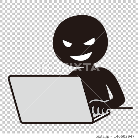 Illustration of a villain operating a computer Illustration of a villain operating a computer 140602947