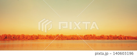 Autumn landscape with a lake. Branches with yellow leaves over the lake 140603196