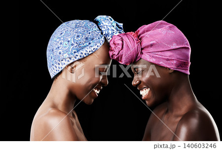 Beauty, head scarf and African women in studio for wellness, health and hair care treatment. Skincare aesthetic, friends and happy people with accessories, cosmetics and makeup on black background Beauty, head scarf and African women in studio for wellness, health and hair care treatment. Skincare aesthetic, friends and happy people with accessories, cosmetics and makeup on black background 140603246