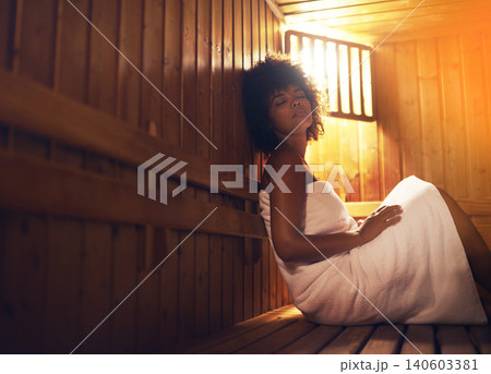 Black woman, relax in sauna and detox at spa for healing, self care with wellness and zen. Relax, calm and peace on pamper day with heat or warm body treatment, skincare and health with stress relief 140603381
