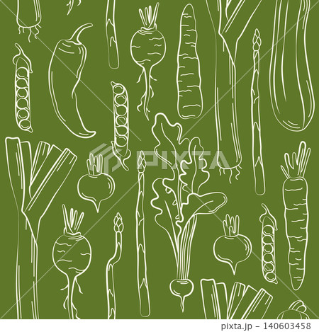 Hand-drawn summer vegetable seamless pattern with leek, asparagus, carrot for grocery, farmer market decor, seasonal packaging Hand-drawn summer vegetable seamless pattern with leek, asparagus, carrot for grocery, farmer market decor, seasonal packaging 140603458