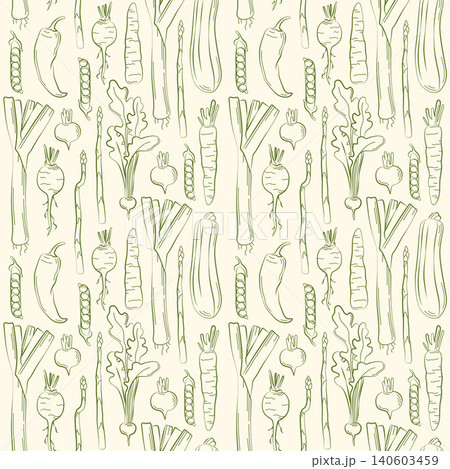 Hand-drawn summer vegetable seamless pattern with leek, asparagus, radish for grocery, farmer market decor, seasonal packaging Hand-drawn summer vegetable seamless pattern with leek, asparagus, radish for grocery, farmer market decor, seasonal packaging 140603459