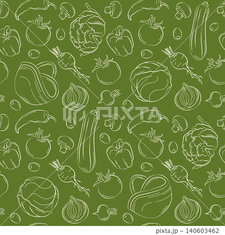 Hand-drawn summer vegetable seamless pattern with onion, cauliflower, radish for grocery, farmer market, seasonal packaging 140603462