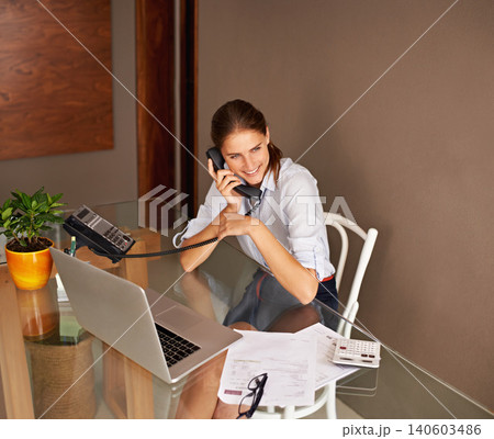 Businesswoman, laptop and communication in phone professional, formal clothes and working in office. Female person, smile and talking with clients or sitting, corporate and computer with connectivity Businesswoman, laptop and communication in phone professional, formal clothes and working in office. Female person, smile and talking with clients or sitting, corporate and computer with connectivity 140603486