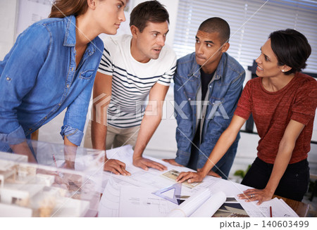 Team, planning and architects with blueprint for discussion, building or construction project in creative startup. Collaboration, designers or engineer group with drawing for brainstorming in meeting 140603499
