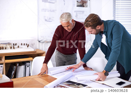 Coworker, men and blueprint with design at office with pencil for drawing a building renovation, construction and project as architects. Business, people and teamwork on task, draft and layout Coworker, men and blueprint with design at office with pencil for drawing a building renovation, construction and project as architects. Business, people and teamwork on task, draft and layout 140603628
