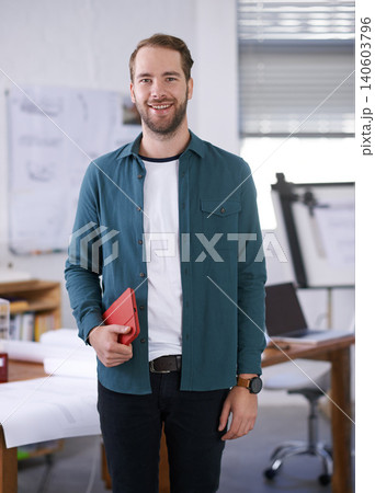Portrait, smile and notebook with architect man in office with documents for building, design or planning. Architecture, construction and creative with confident young developer in workplace Portrait, smile and notebook with architect man in office with documents for building, design or planning. Architecture, construction and creative with confident young developer in workplace 140603796