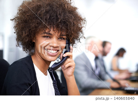 Woman, portrait and landline in office for customer service with telemarketing, help desk and happiness. Call center, employee and face of consultant with telephone for support, telesales and advice Woman, portrait and landline in office for customer service with telemarketing, help desk and happiness. Call center, employee and face of consultant with telephone for support, telesales and advice 140603840