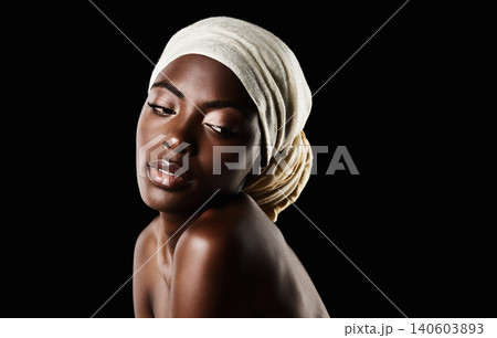Beauty, dark background and black woman with head scarf, natural makeup or creative aesthetic in mockup space. Art, skincare and African girl in studio with wrap, facial cosmetics and confidence. 140603893
