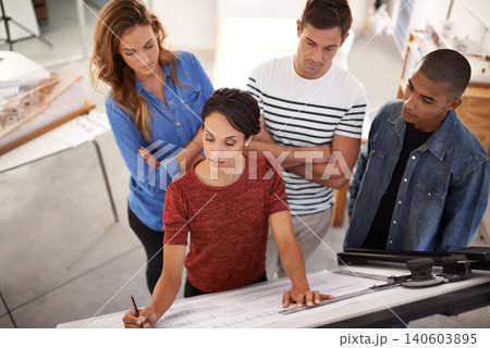 Team, drawing and architects with blueprint for training, construction project or building together in startup office. Collaboration, creative designers and group with sketch, coaching and internship 140603895