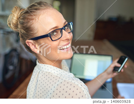 Portrait, woman or phone to relax on social media as mobile, communication or web search of news. Businesswoman, smartphone or smile on digital app as chatting, typing or text message as online post 140603928
