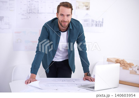 Portrait, laptop and layout with architect man in office with documents for building, construction or design. Architecture, construction and blueprint with confident young developer in workplace Portrait, laptop and layout with architect man in office with documents for building, construction or design. Architecture, construction and blueprint with confident young developer in workplace 140603954