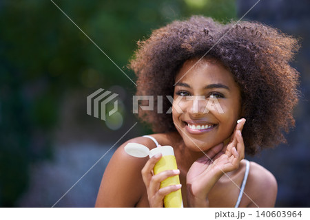 African, woman and sunscreen and hand in nature, body care or lotion for heat or sun protection with natural female person. Smiling, excited girl with product tube or summer fun on holiday retreat 140603964