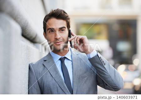 Businessman, outdoor and phone call in city networking with lawyer, client and virtual communication. Attorney, talking or conversation on smartphone at court or law firm for consultation in London 140603971