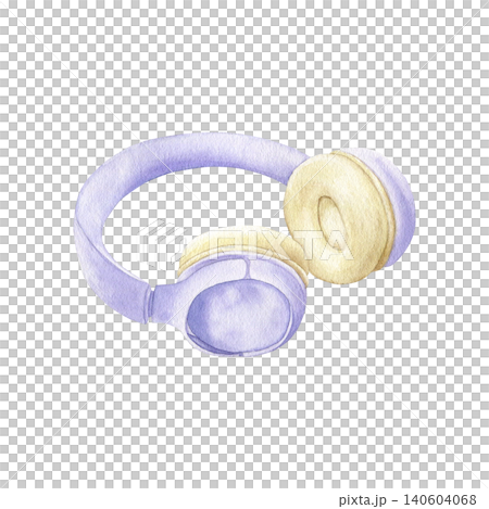 Soft minimalist watercolor illustration of wireless headphones in a calming lilac shade isolated. Modern academic accessory clipart for study-focused content and lifestyle design projects. Soft minimalist watercolor illustration of wireless headphones in a calming lilac shade isolated. Modern academic accessory clipart for study-focused content and lifestyle design projects. 140604068