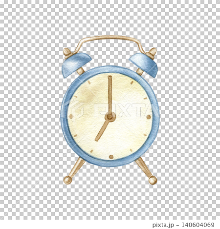 Watercolor blue alarm clock isolated illustration. Hand drawn vintage style timepiece clipart for planners, study-themed projects, office stationery, morning routine concepts and home decor elements. Watercolor blue alarm clock isolated illustration. Hand drawn vintage style timepiece clipart for planners, study-themed projects, office stationery, morning routine concepts and home decor elements. 140604069