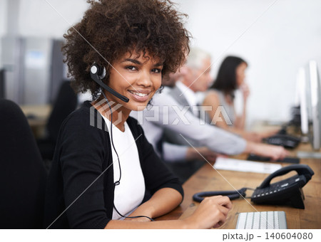 Customer service, smile and portrait of woman in office with headset working on online telemarketing consultation. Happy, call center and female consultant with crm communication in workplace Customer service, smile and portrait of woman in office with headset working on online telemarketing consultation. Happy, call center and female consultant with crm communication in workplace 140604080