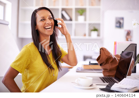 Business woman, laugh and phone call with tech in office with networking and funny joke. Entrepreneur, startup and creative agency worker with conversation, communication and chat at job and company 140604114