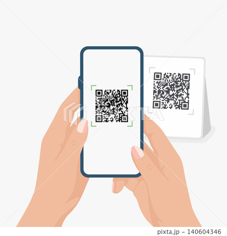 QR Code Scan, Vector Illustration. QR Code Payment and QR Code Verification with Smartphone and Printed Code. Hands Holding Mobile Phone for Contactless Payment and Digital Authentication QR Code Scan, Vector Illustration. QR Code Payment and QR Code Verification with Smartphone and Printed Code. Hands Holding Mobile Phone for Contactless Payment and Digital Authentication 140604346