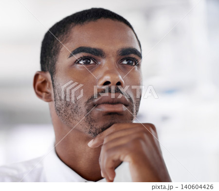 Business, thinking and black man with ideas, financial consultant and professional in a workplace. African person, employee and agent with planning and problem solving with solution and opportunity Business, thinking and black man with ideas, financial consultant and professional in a workplace. African person, employee and agent with planning and problem solving with solution and opportunity 140604426