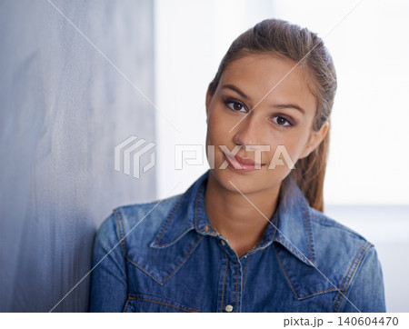 School, portrait and woman with fashion on wall in morning, ready to start at college as student. University, girl and relax in classroom on campus at academy with casual style and calm confidence School, portrait and woman with fashion on wall in morning, ready to start at college as student. University, girl and relax in classroom on campus at academy with casual style and calm confidence 140604470