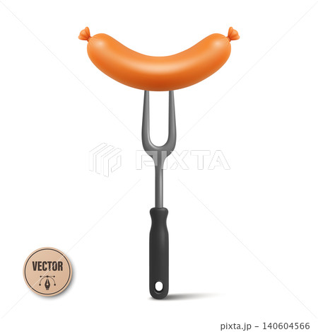 Vector 3d Sausage on Fork. Grilled Sausage Illustration. Barbecue Sausage Vector Isolated for BBQ Menu, Oktoberfest Design, Food Packaging, Butcher Labels, Cooking Concept Vector 3d Sausage on Fork. Grilled Sausage Illustration. Barbecue Sausage Vector Isolated for BBQ Menu, Oktoberfest Design, Food Packaging, Butcher Labels, Cooking Concept 140604566