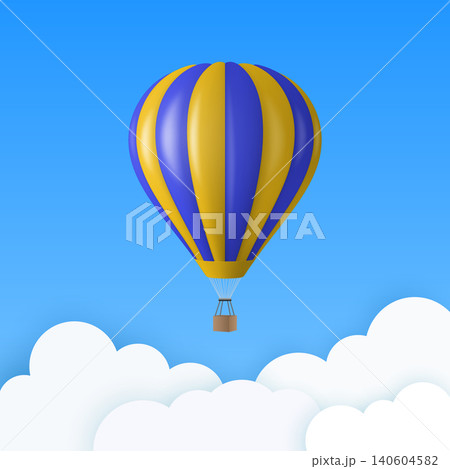 Vector Travel Banner with 3d Realistic Blue and Yellow Hot Air Balloon Icon on a Blue Sky Background. Design Template, Summer Vacation, Travelling, Tourism and Journey Concept Vector Travel Banner with 3d Realistic Blue and Yellow Hot Air Balloon Icon on a Blue Sky Background. Design Template, Summer Vacation, Travelling, Tourism and Journey Concept 140604582