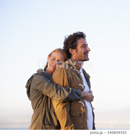 Couple, hug outdoor and peace in park, love and support with date for bonding and time together. Sunset, nature and people with calm and fresh air, loyalty and commitment with smile for affection 140604583