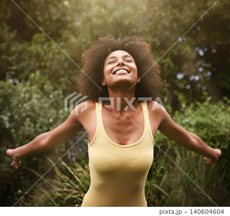 Happy, open arms and black woman in nature for freedom, adventure and relax in park. Smile, excited and person with happiness, positive attitude and fun outdoors for holiday, vacation and weekend Happy, open arms and black woman in nature for freedom, adventure and relax in park. Smile, excited and person with happiness, positive attitude and fun outdoors for holiday, vacation and weekend 140604604