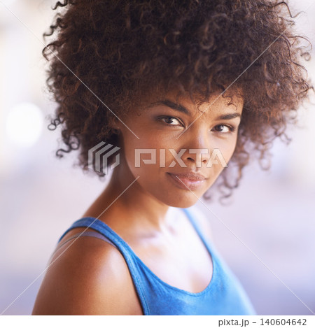 Confident, portrait and black woman outdoor with beauty or natural glow on skin from dermatology. African, girl and healthy skincare on face and hair care from cosmetics in summer with mockup space Confident, portrait and black woman outdoor with beauty or natural glow on skin from dermatology. African, girl and healthy skincare on face and hair care from cosmetics in summer with mockup space 140604642